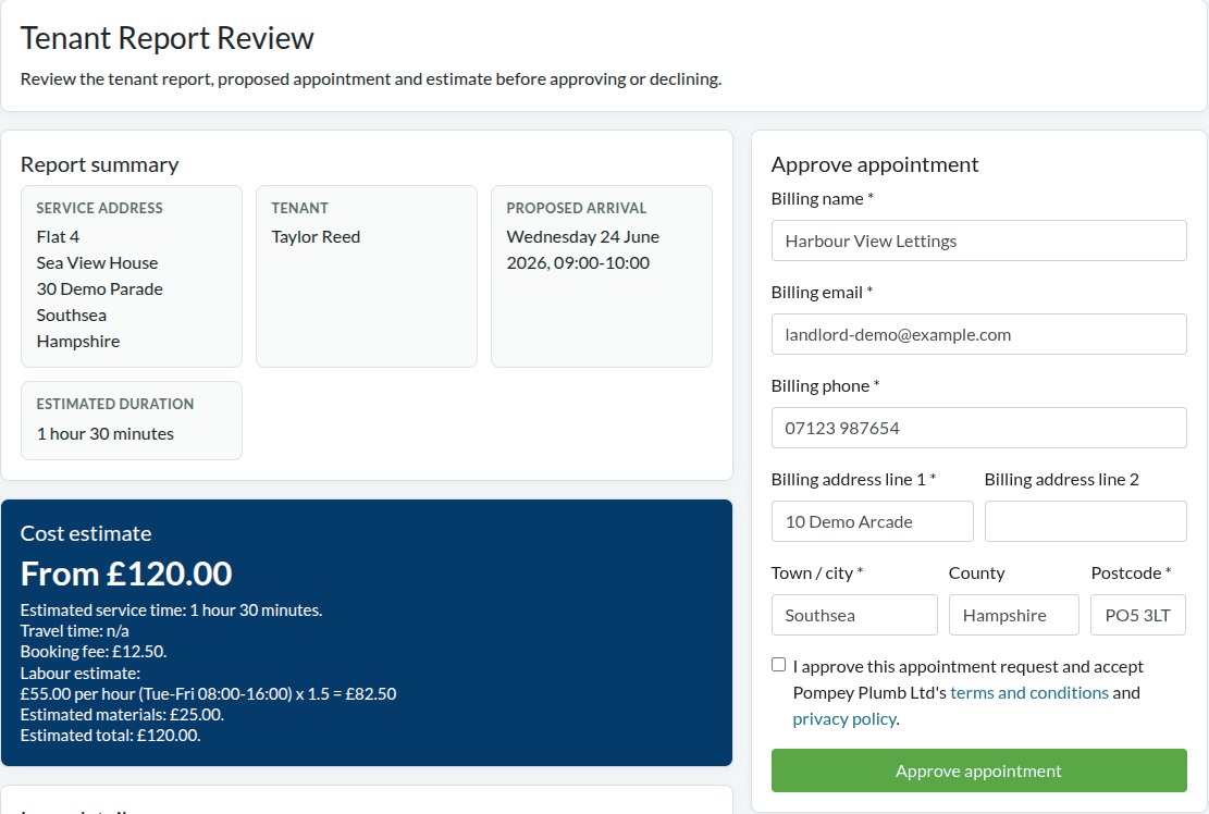 Landlord approval page with tenant report, estimate and appointment approval form